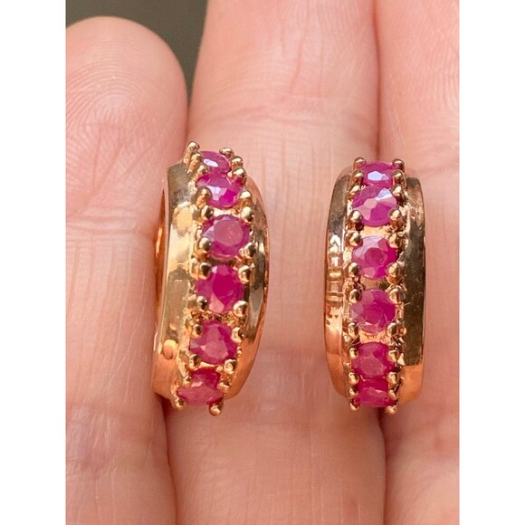 Ross Simons 925 sterling silver 14k gold vermeil genuine ruby hoop Earrings - Picture 2 of 7